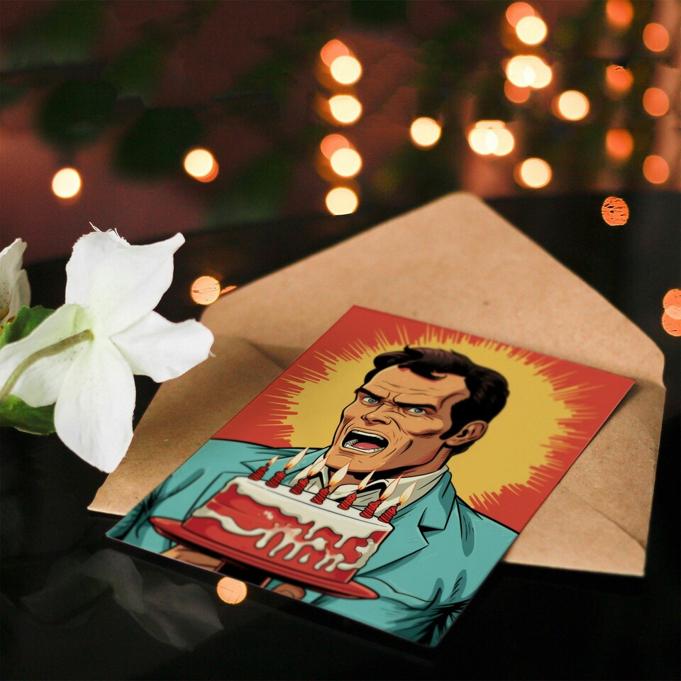 image 1 of Funny Angry Comic Man Cake Him Her Funny Birthday Card