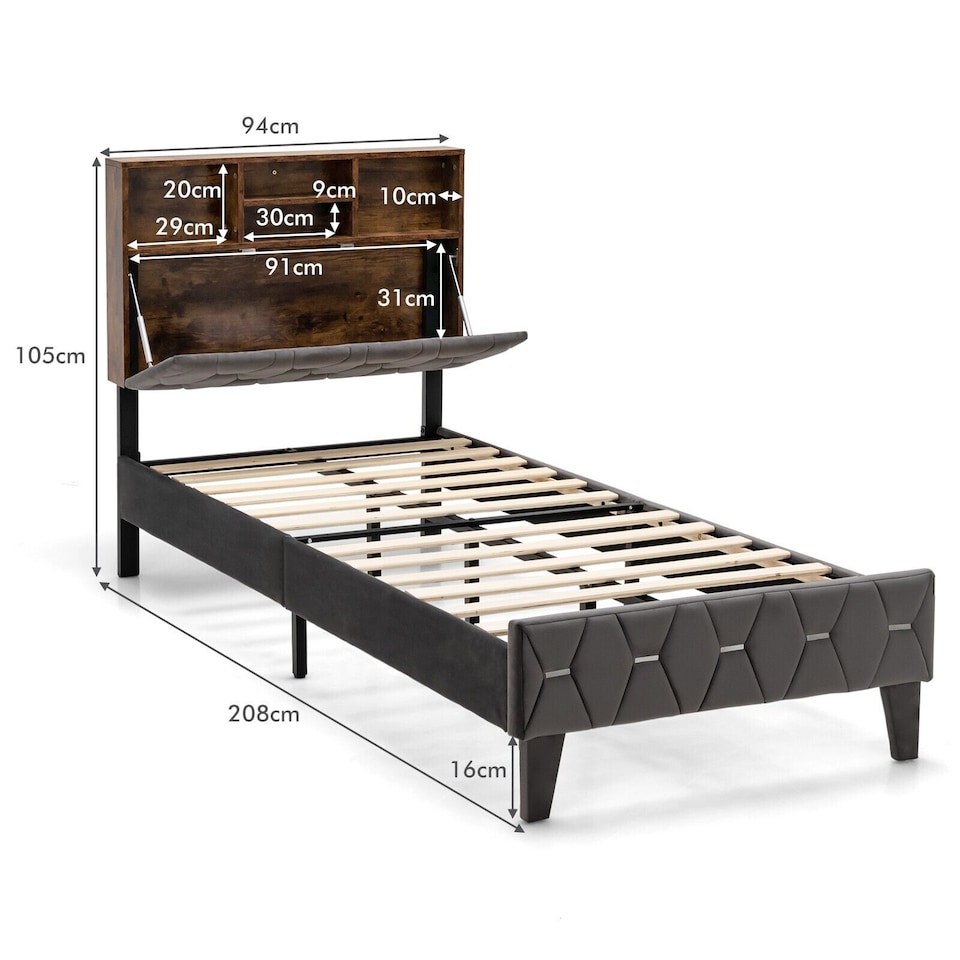 image 1 of COSTWAY Single Size Bed Frame Upholstered Slat Support Platform Bed