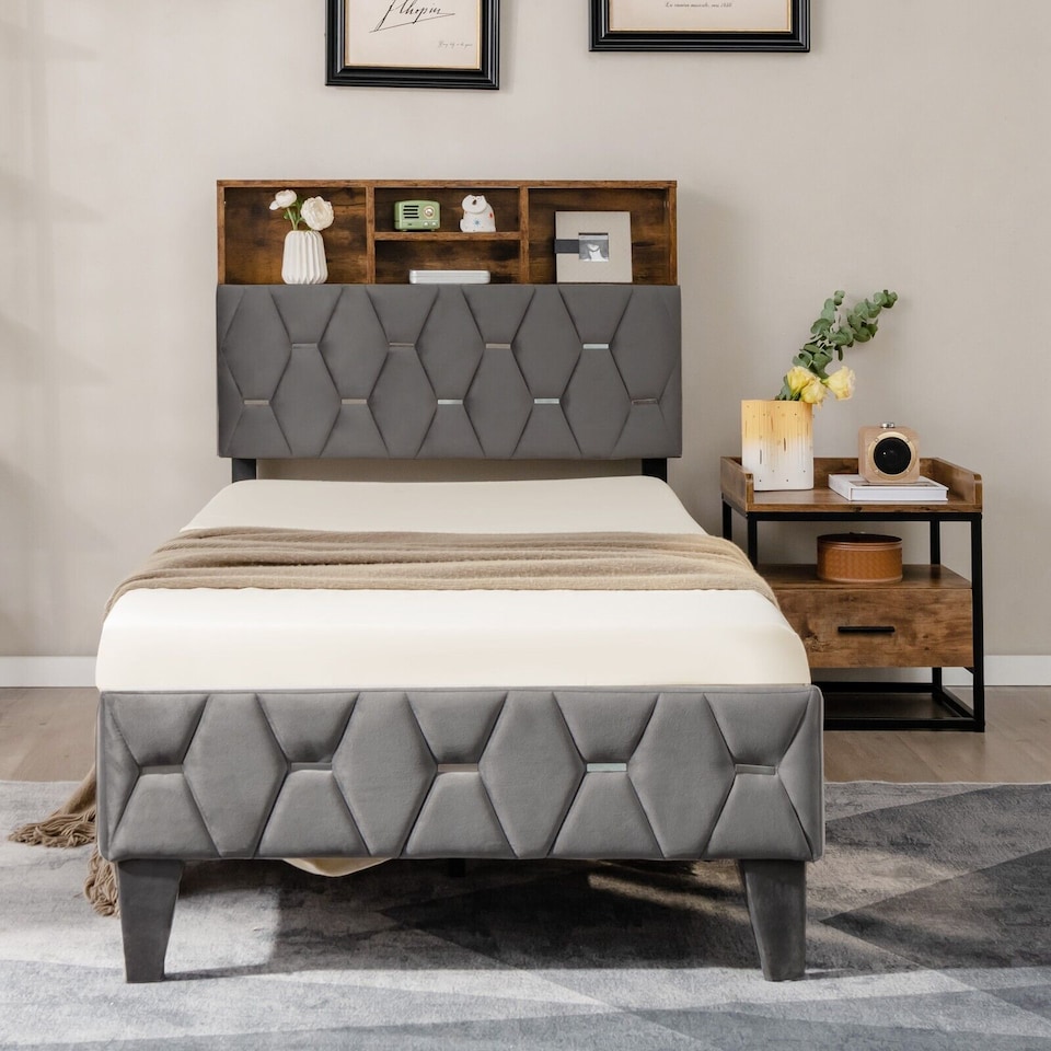 image 1 of COSTWAY Single Size Bed Frame Upholstered Slat Support Platform Bed
