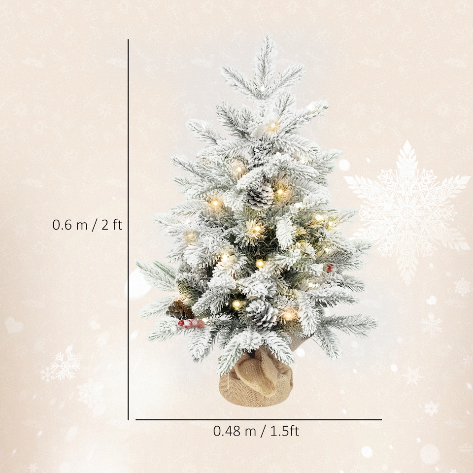 image 1 of HOMCOM 60 cm Prelit Small Christmas Tree with 35 LED Lights, Snow Flocked Tabletop Mini Xmas Tree with Pine Cones, Berry Clusters and Linen Cover Base, Battery Operated, Green