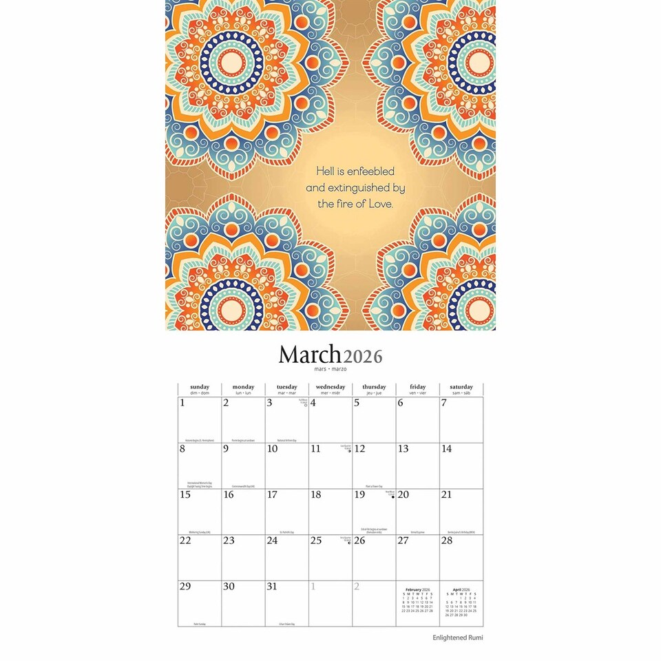 image 1 of Enlightened Rumi Calendar 2026, Wall Calendars, Month To View, Lifestyle, Gift