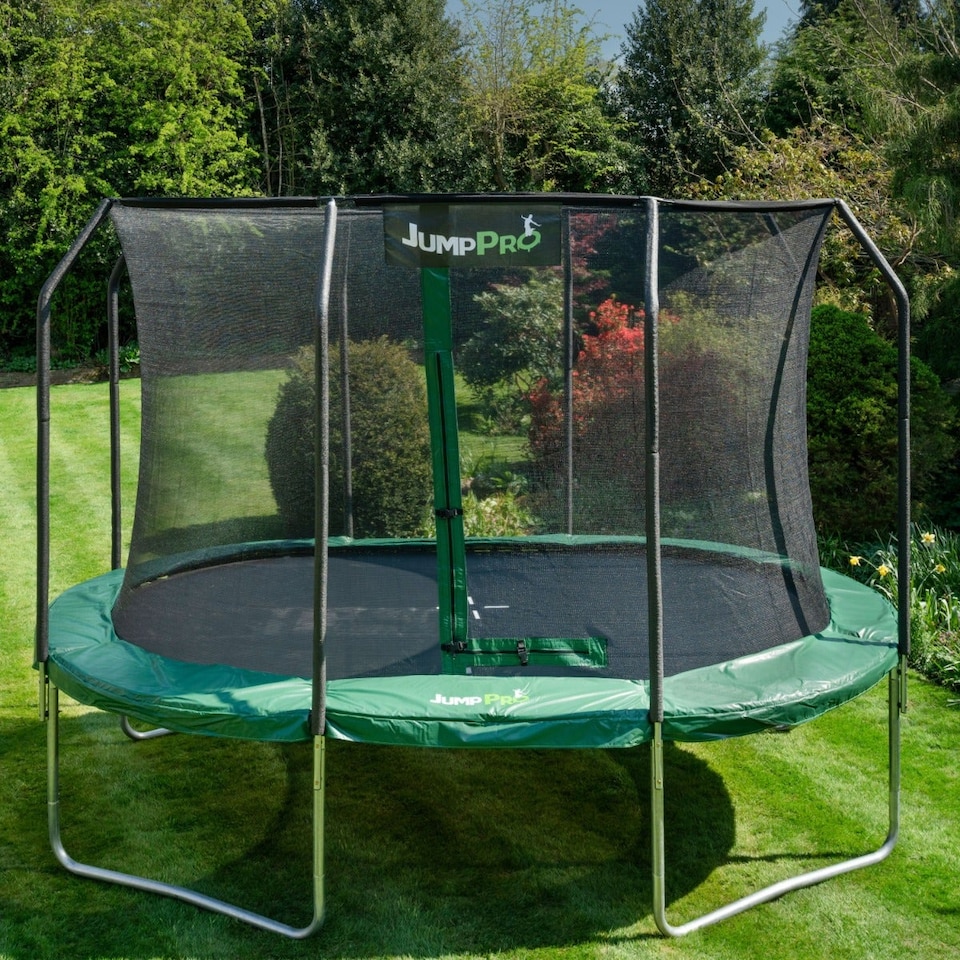 image 1 of 15ft x 10ft JumpPRO® Xcite Green Oval Trampoline with Enclosure - 86 Springs, 150kg Capacity.