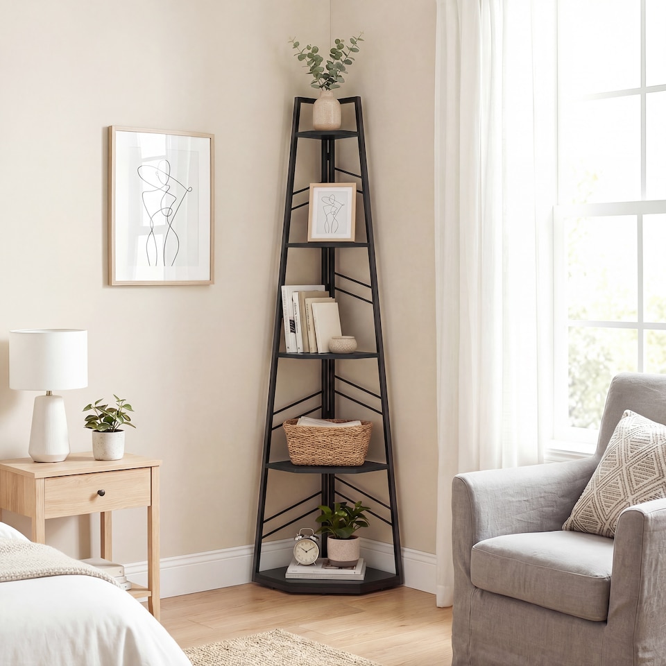 image 1 of HOMCOM 5-Tier Corner Bookcase, Floor Standing Shelving Unit | Black | Black | 36.5 x 36.5 x 159.5 cm