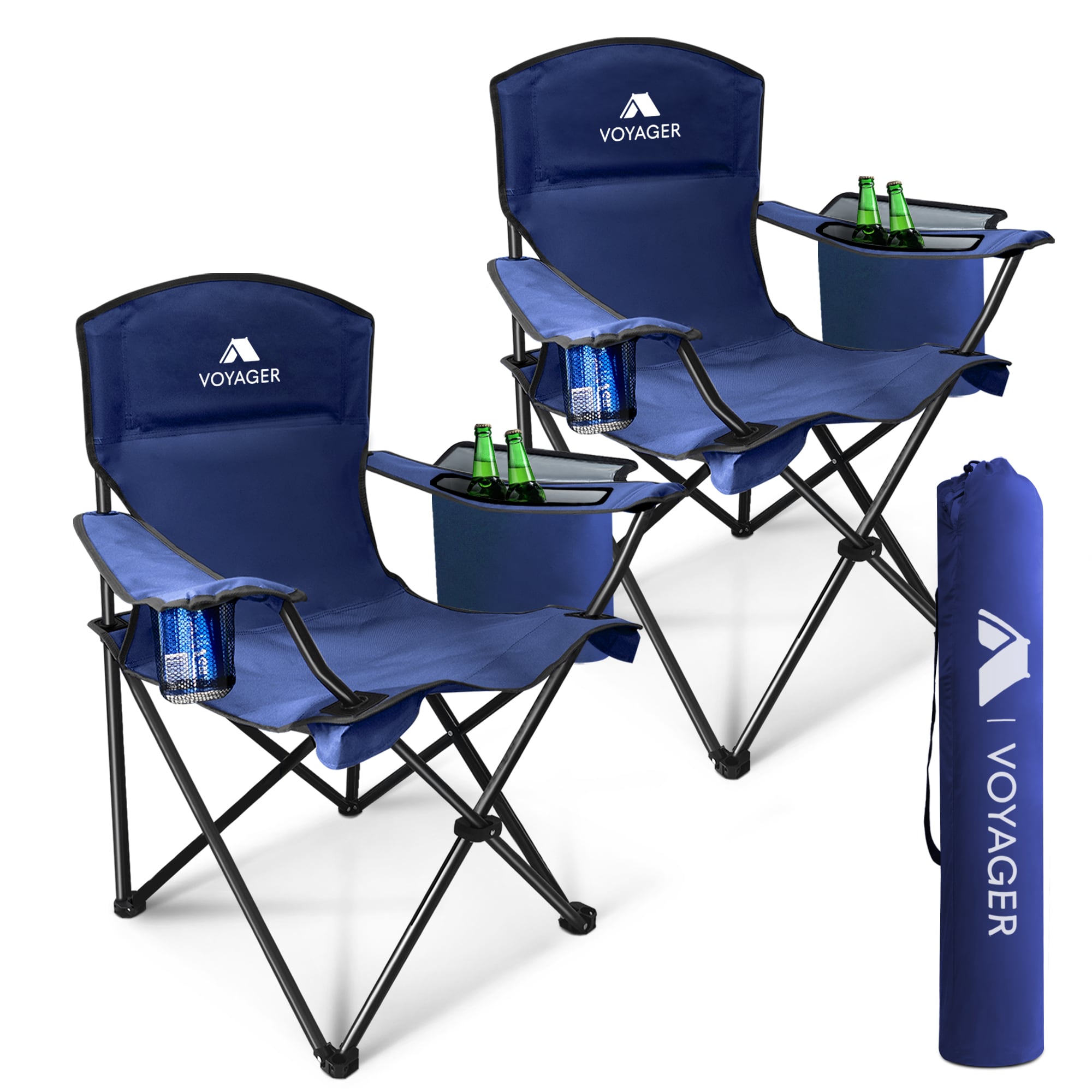 Voyager 2 Pack Folding Camping Chairs with Cooler Bag, Portable & Comfortable in Navy