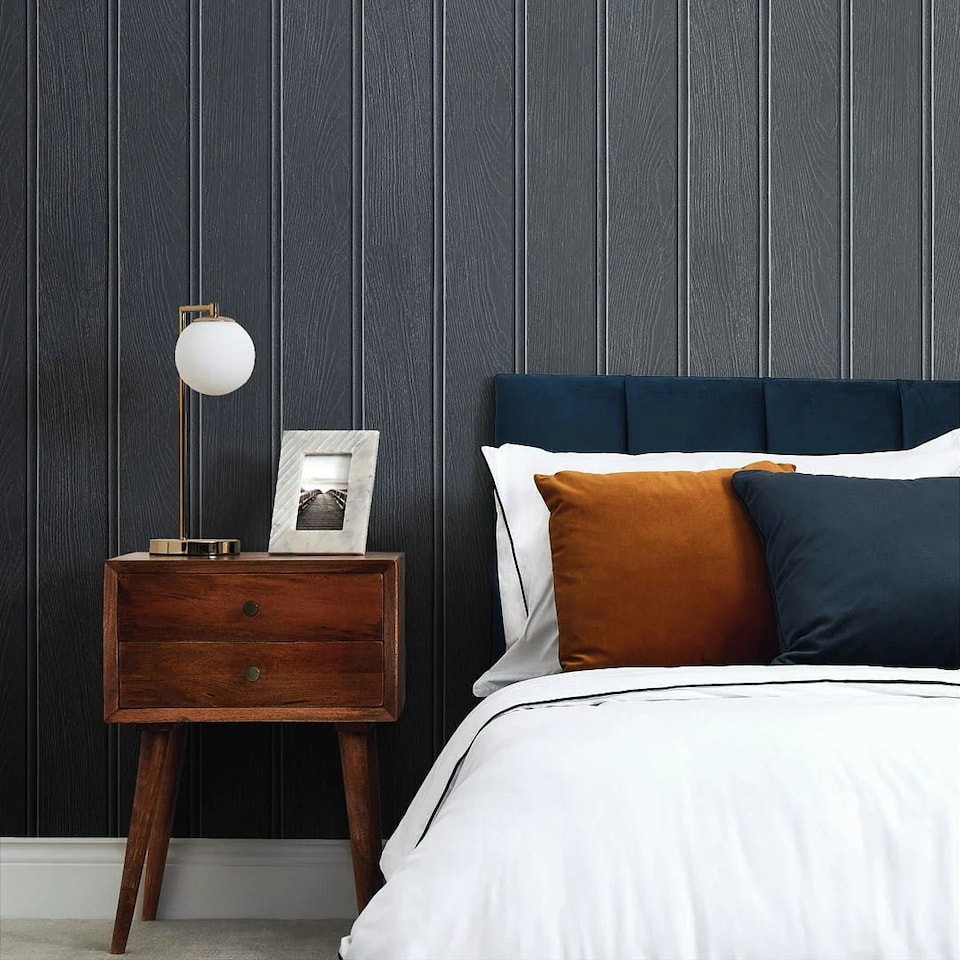 image 1 of Beadboard Panel Wallpaper in Navy Blue Multi