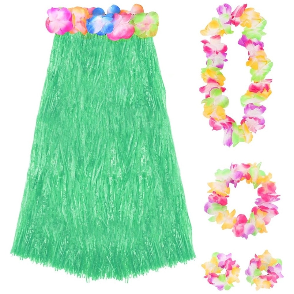 image 1 of Pack of 2 80cm Hawaiian Long Green Hula Skirt & Lei | Green | One Size