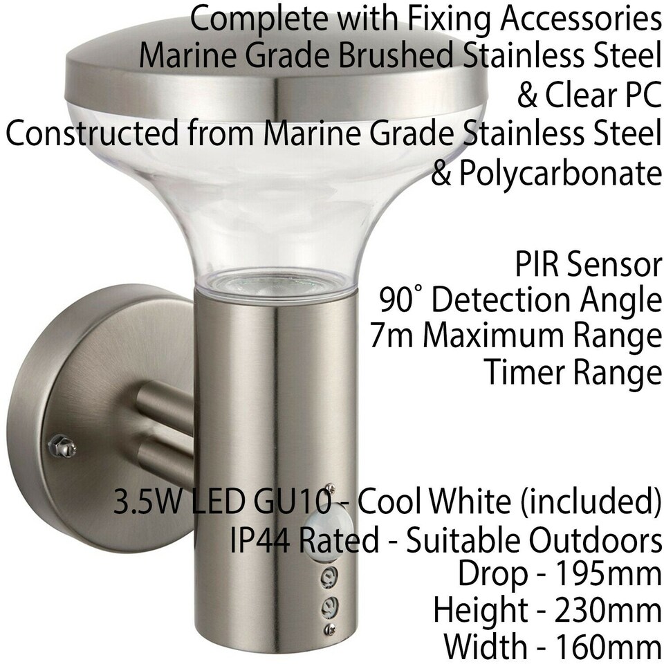 image 1 of IP44 Outdoor LED Lamp Stainless Steel Wall PIR Light Modern Porch Cool White