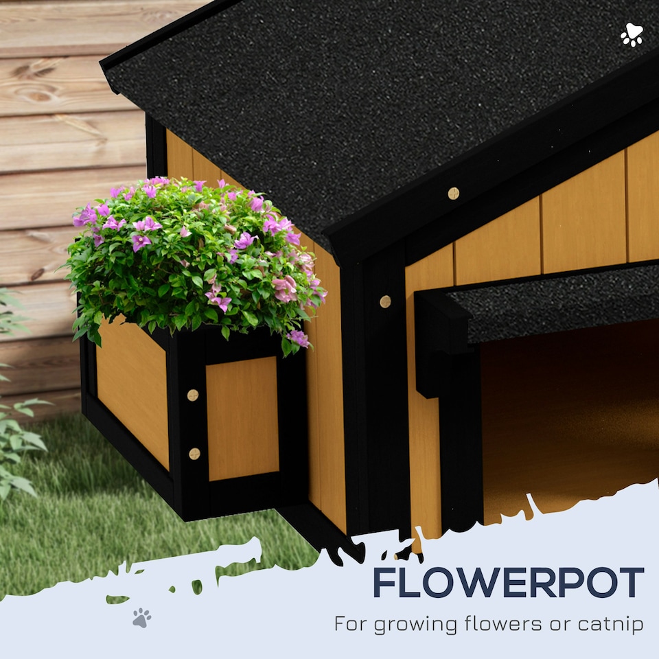 image 1 of PawHut Wooden Outdoor Cat House w/ Flower Pot, Windows, Multiple Entrances Yellow
