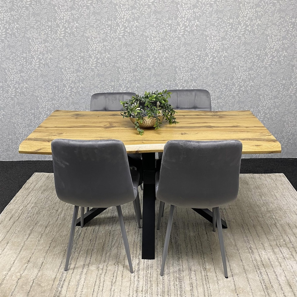 image 1 of Wooden Dining Table with 4 Grey Velvet Chairs, Stylish Dining Room Furniture