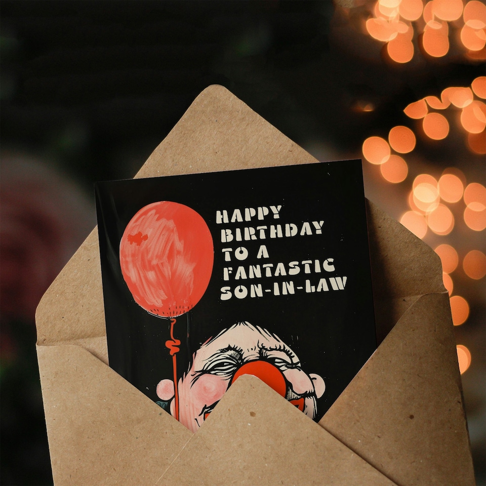image 1 of Fantastic Clown Balloon Dark Fun Son in Law Birthday Card