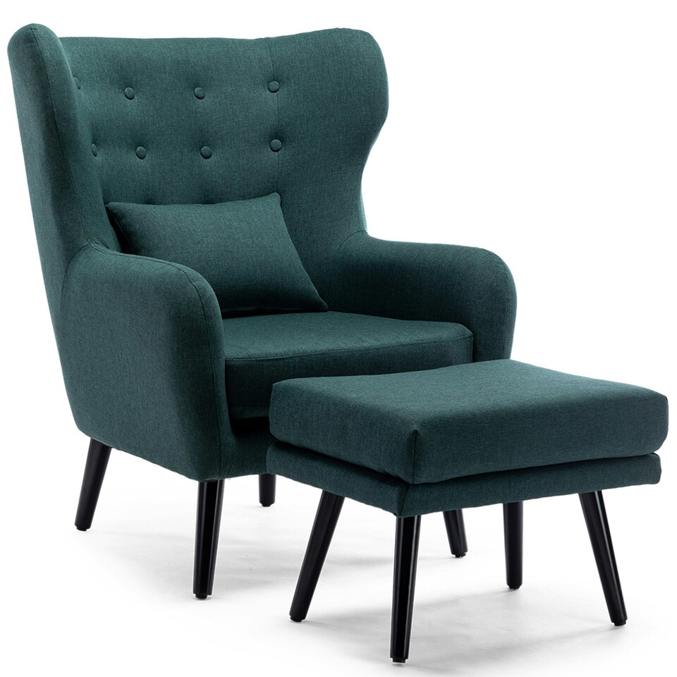 image 1 of Winslow Wing Back Fabric Occasional Button Back Armchair w Footstool (Green)