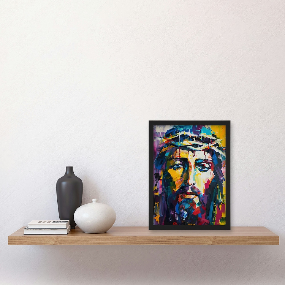 image 1 of Jesus Thorn Crown Portrait Modern Christian Black Framed Wall Art Print A4
