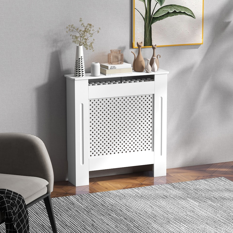 image 1 of HOMCOM Wooden Radiator Cover Heating Cabinet Modern Home Furniture Grill Style  White Painted (Small)