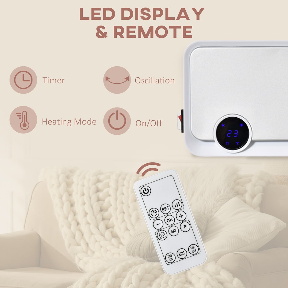 image 1 of HOMCOM Wall Downflow Heater 2 Heat and Fan 1000W2000W, Electric Space Heater with Timer Remote Oscillating, for Bedroom Home Office, White and Silver