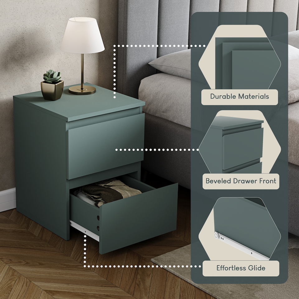 image 1 of Vida Designs Denver Large 2 Drawer Chest of Drawer Bedside Cabinet Nightstand Units Set of 2 - Green