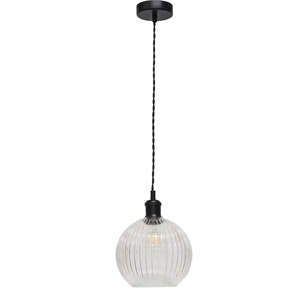 First Choice Lighting Betchley - Clear Ribbed Glass Globe Black Retro Pendant Fitting