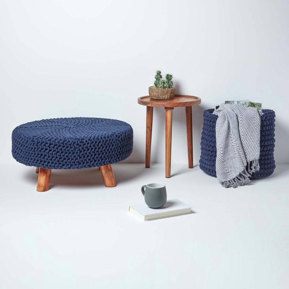 image 1 of Homescapes Navy Blue Large Round Cotton Knitted Footstool on Legs