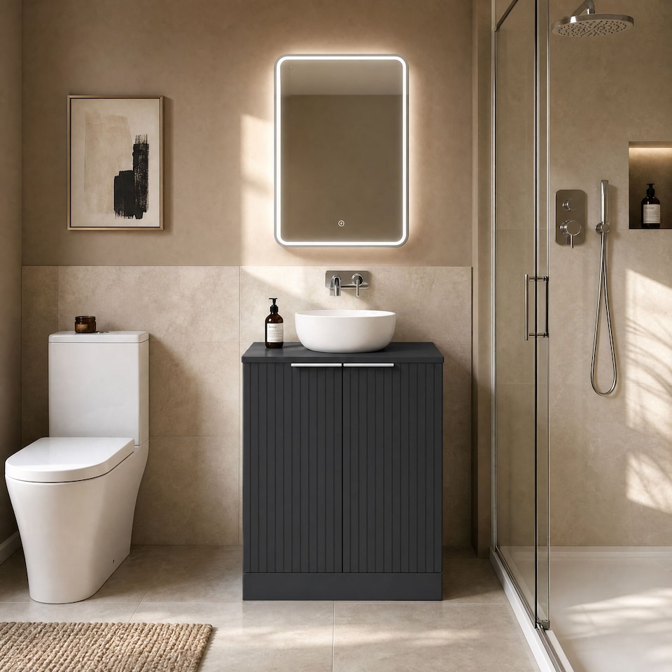 image 1 of Callingwood Contemporary Floor Standing 2 Door Vanity Unit with Laminate Worktop , 600mm, Dark Grey
