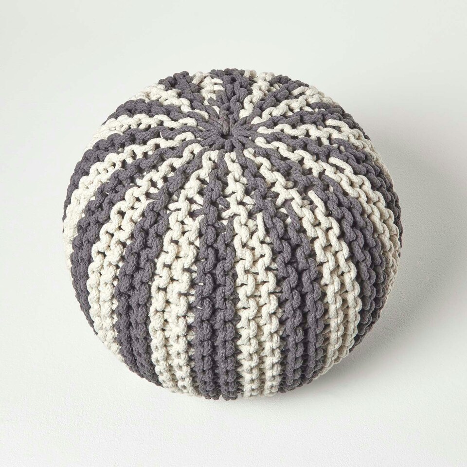 image 1 of Homescapes Off White and Grey Knitted Pouffe Striped Footstool - 35 x 40 cm