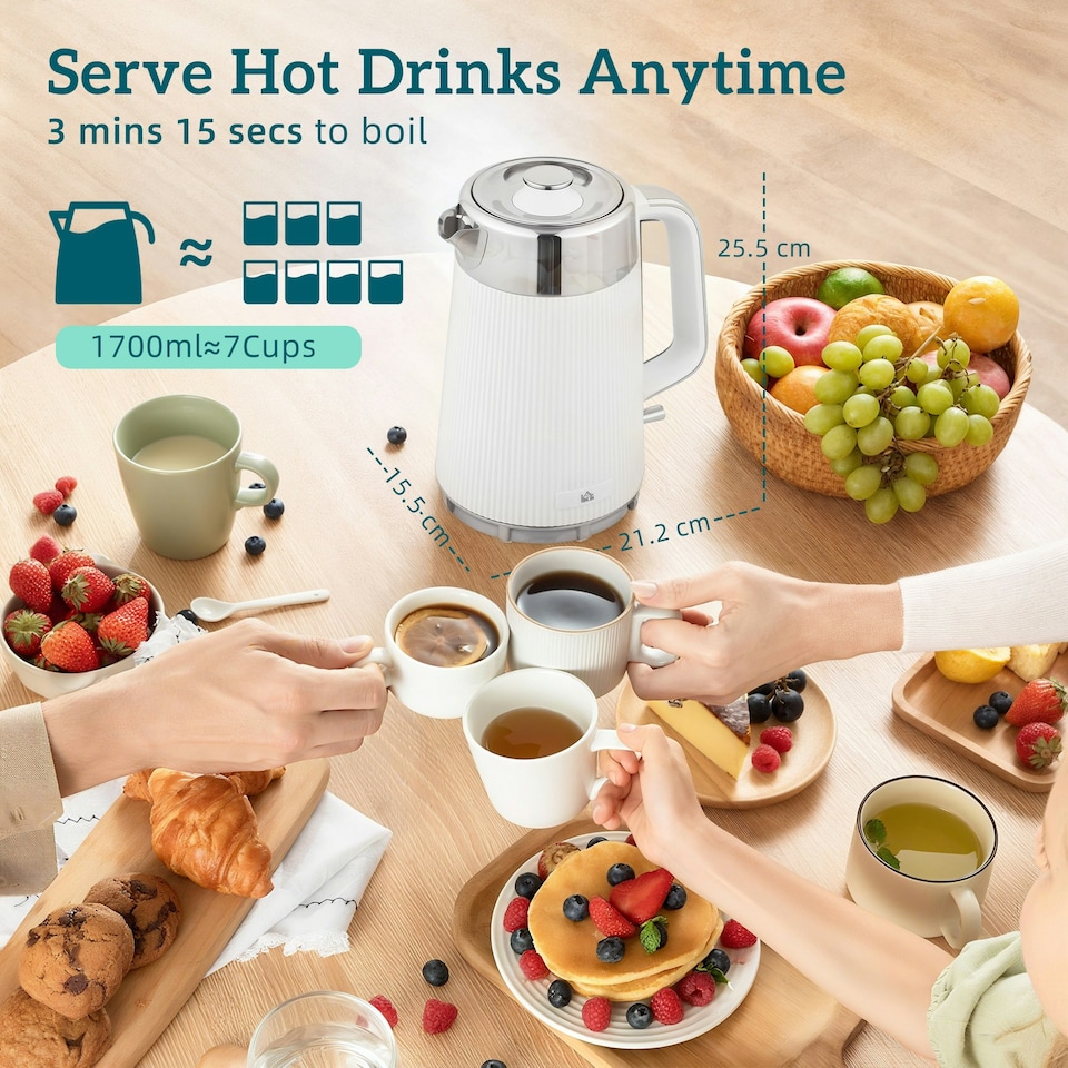 image 1 of HOMCOM 1.7L 3000W Rapid Boil Kettle and 4 Slice Toaster Set Crumb Tray White