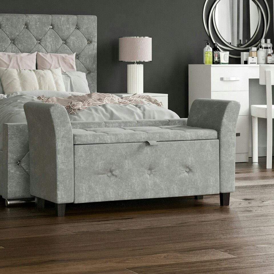 image 1 of Vida Designs Seville Storage Ottoman Bedroom Hallway Chest Bench, Crushed Velvet Silver Silver | Crushed Velvet Silver