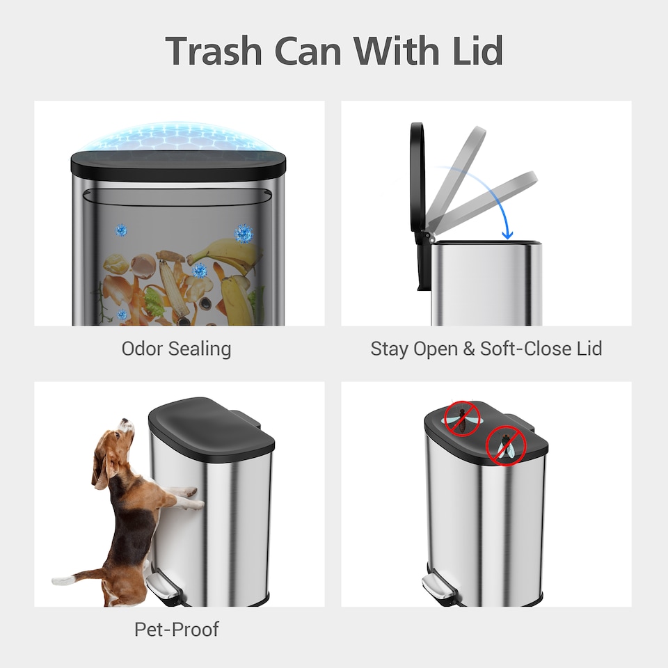 image 1 of London Boutique Stainless 50L Pedal Bin with Soft Close Lid &  Removable Inner Bucket (W)46cm (D)31cm (H)62cm - Silver
