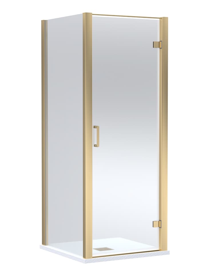 image 1 of Balterley Hinged Shower Door with Glass, Side Panel & Slimline Shower Tray | Copper | Brushed Brass