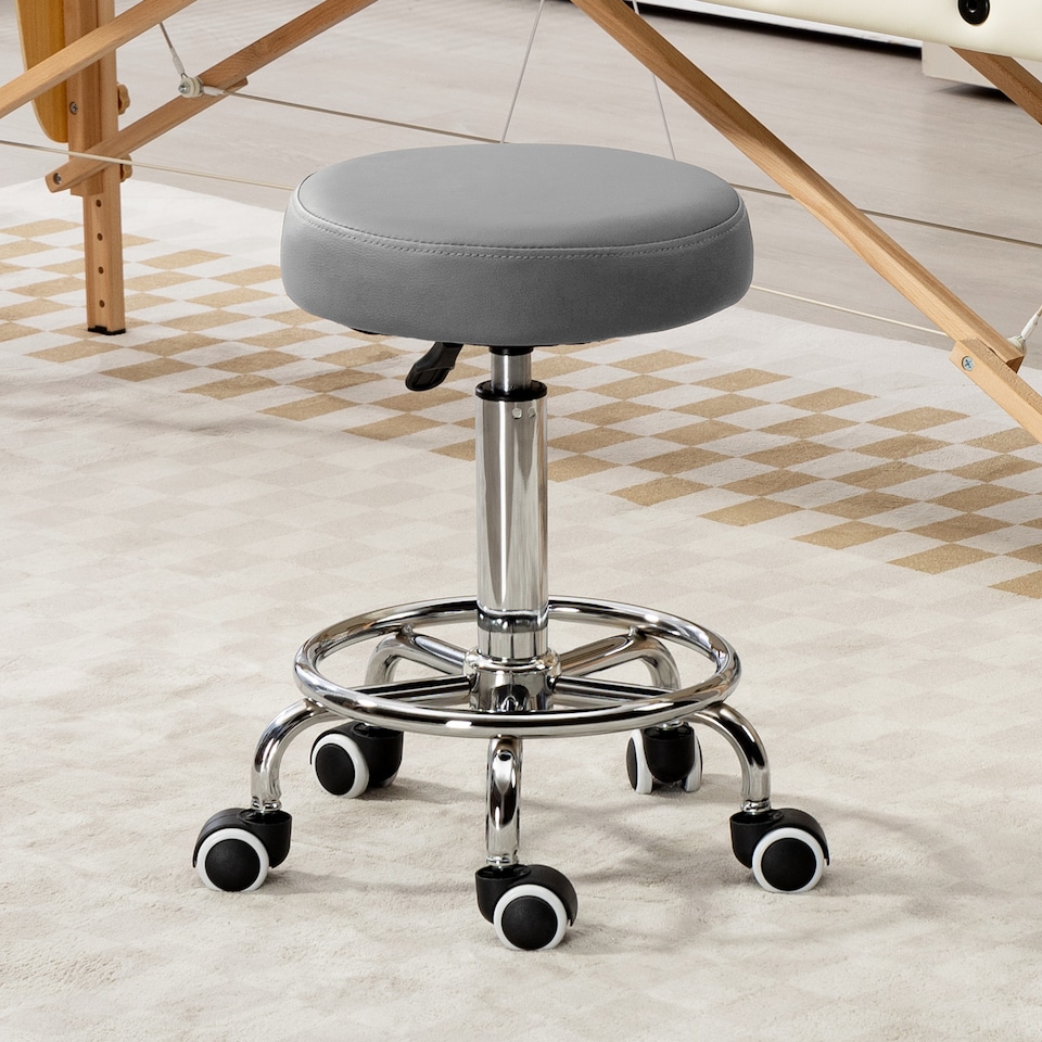 image 1 of Vinsetto Round Rolling Stool, PU Leather Height Adjustable Stool Chair with Wheels and Swivel Seat for Salon, Massage, Spa, Home Kitchen, Grey