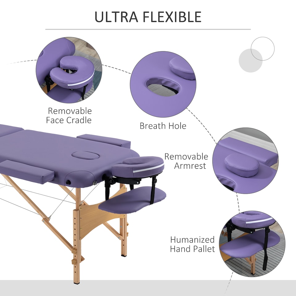 image 1 of HOMCOM Portable Massage Bed, Folding Spa Beauty Massage Table with 2 Sections, Carry Bag and Wooden Frame, Purple