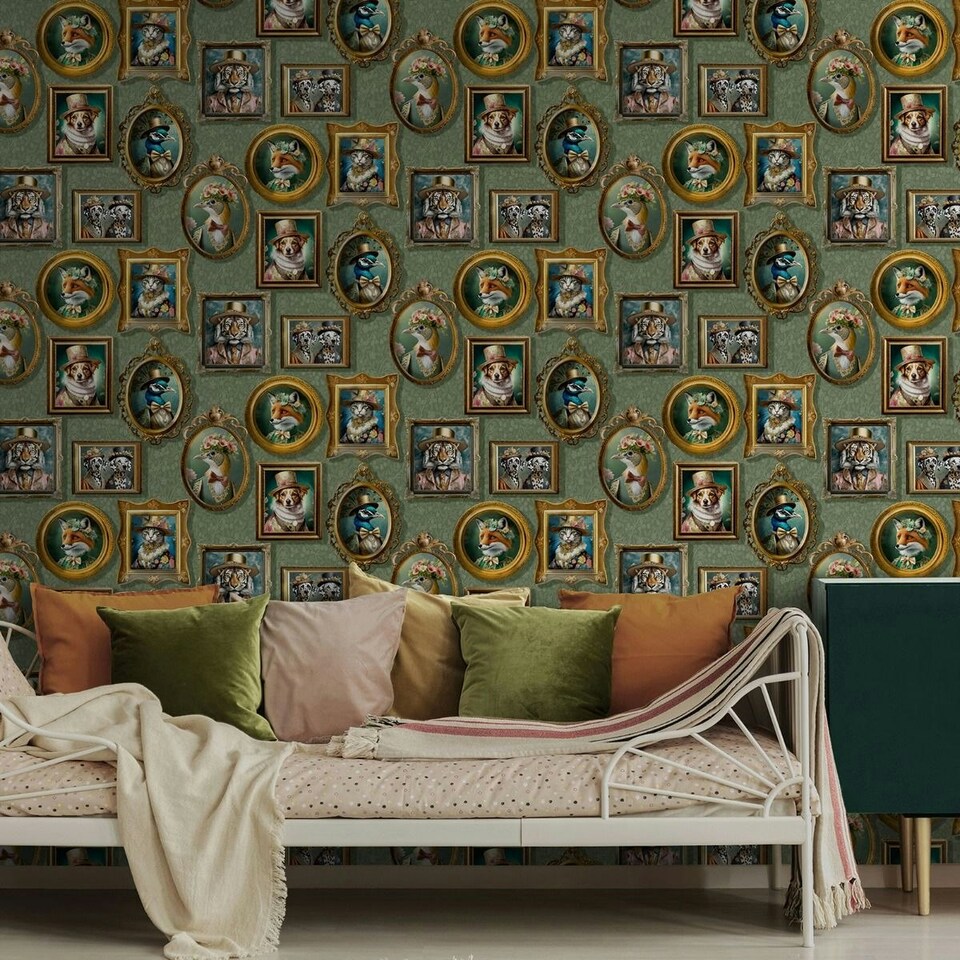 image 1 of Holden Décor Regal Beasts Wallpaper - Sage Green/Multicoloured - 10m x 53cm Green