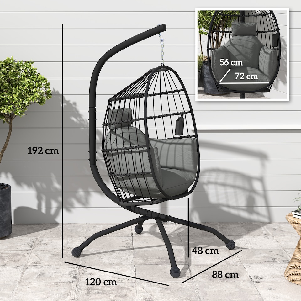 image 1 of Outsunny Egg Chair Outdoor Indoor Garden Swing Chair, Folding Basket, Grey | Grey | Dark Grey | L