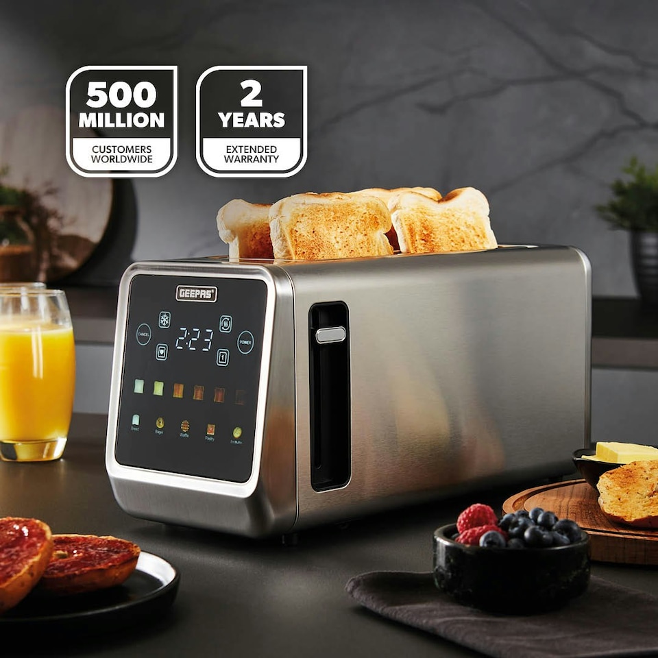 image 1 of GEEPAS 5-in-1 DIGITAL 4 Slice Long Slot Toaster | 1450W Silver | Silver