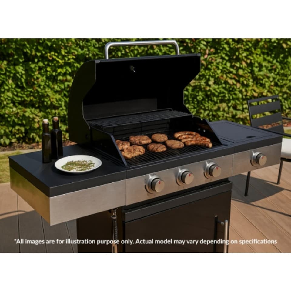 image 1 of 3 + 1 Burner Gas BBQ Grill with Built-in Thermometer, Folding Shelves & Warming Rack
