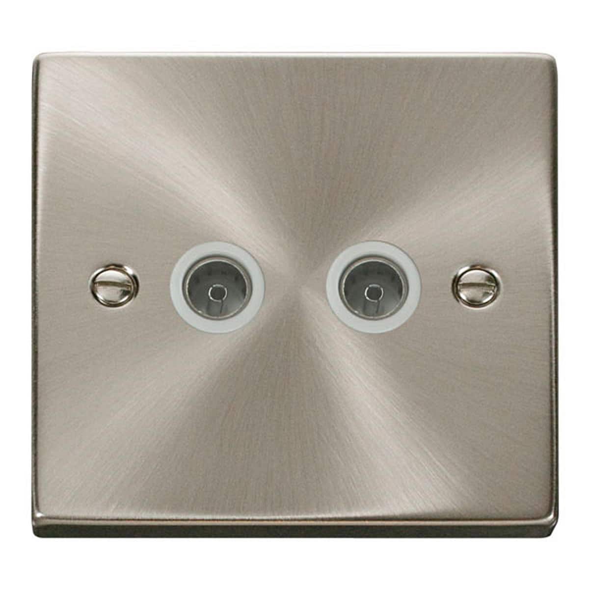 SE Home Satin / Brushed Chrome 2 Gang Twin Coaxial TV Socket in Metallic Silver