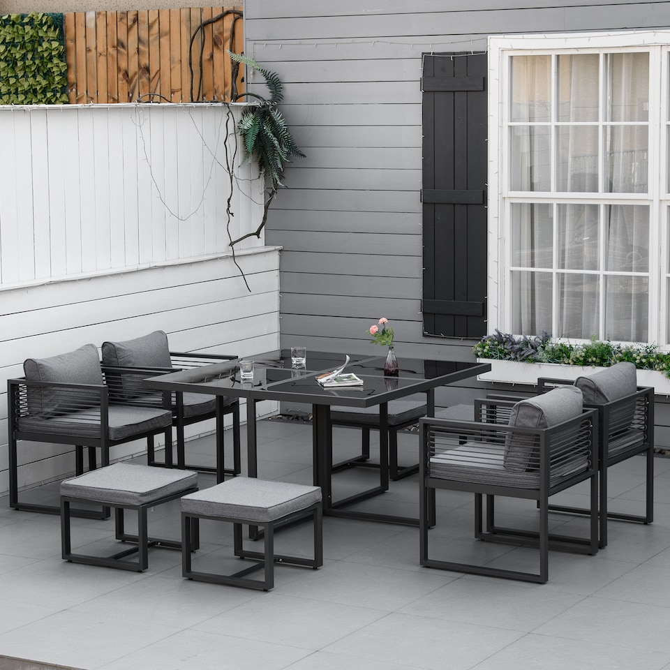 image 1 of Outsunny 8 Seater Aluminium Garden Dining Cube Set w/ 4 Chairs 4 Footstools