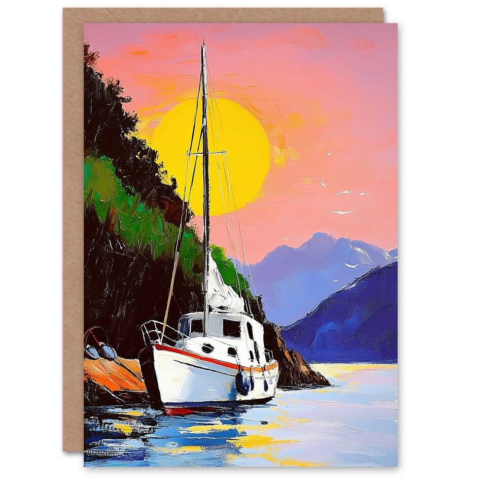 image 1 of Harbour Sunset Docked Sailboat Coastal Landscape Bon Voyage Greeting Card