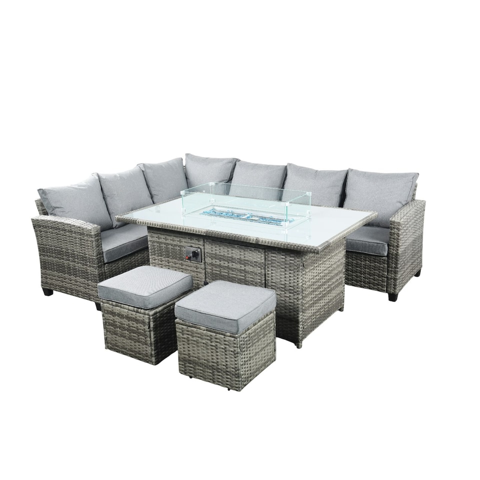 image 1 of The Conwy 8 Seat Corner Gas Firepit Rattan Dining Set - Dark Grey