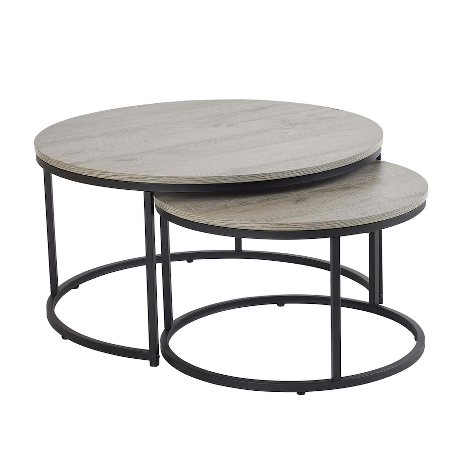 image 1 of Nest of 2 Grey Tables Round Stackable Side Unit Industrial Living Room Furniture