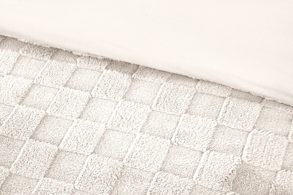 image 1 of Luxury Check Teddy Polyester Fleece Duvet Cover Set with Pillowcase | Cream | King