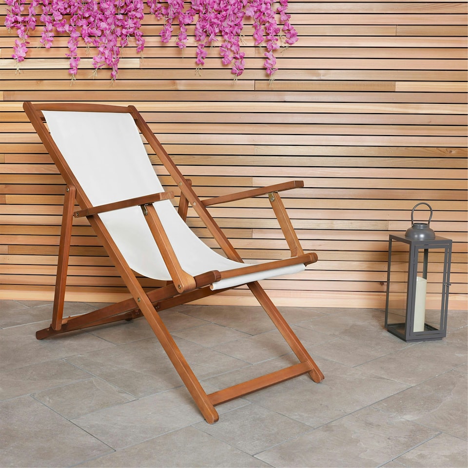image 1 of Charles Bentley Folding FSC Eucalyptus Wooden Deck Chair Beach Sun Lounger - Cream