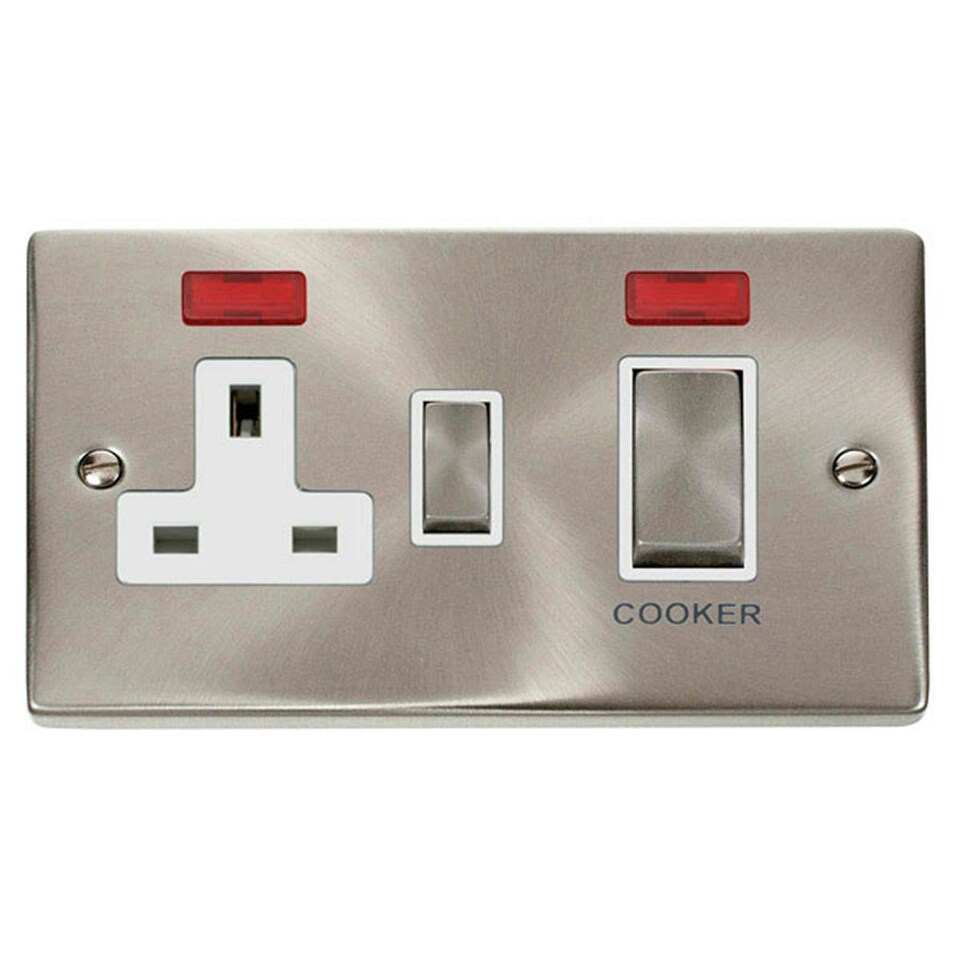 image 1 of SE HOME Satin / Brushed Chrome Cooker Control Ingot 45A With 13A Switched Plug Socket & 2 Neons White | Satin Chrome