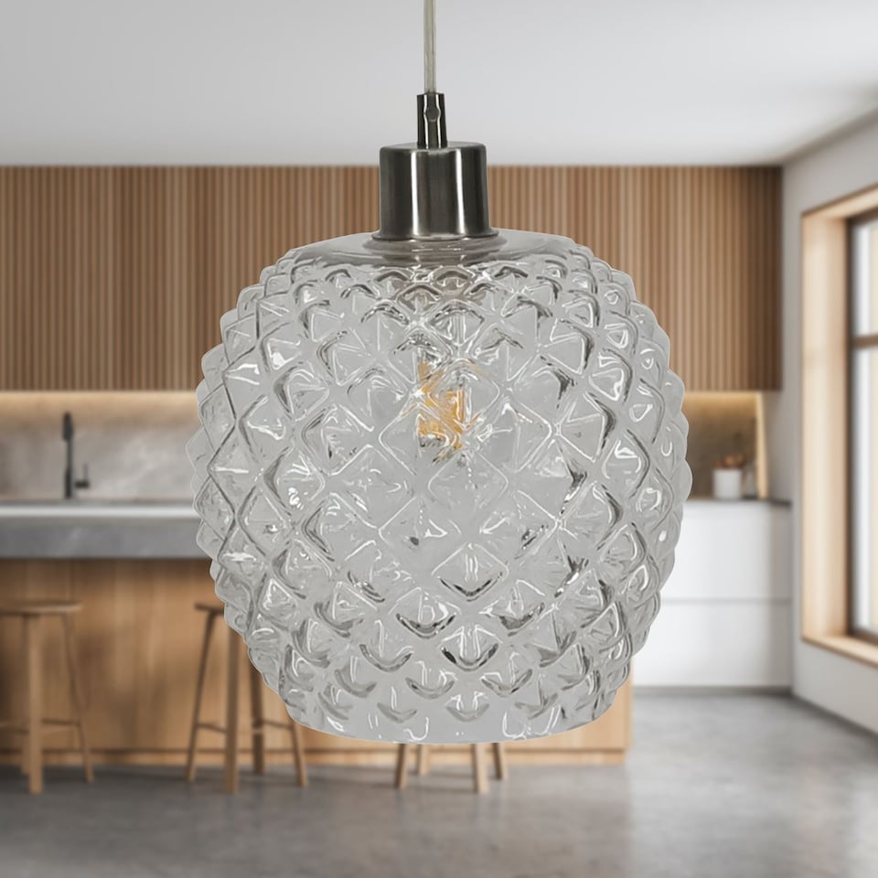 image 1 of Set of 2 Baine - Clear Textured Glass with Satin Nickel Pendant Fittings | Clear | Clear | 2