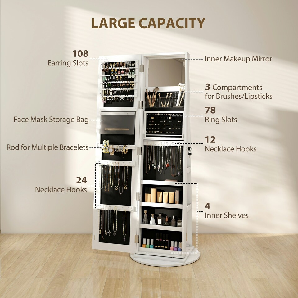 image 1 of HOMCOM 360° Swivel Jewellery Cabinet, Full Length Mirror with Storage, White White | Black interior lining