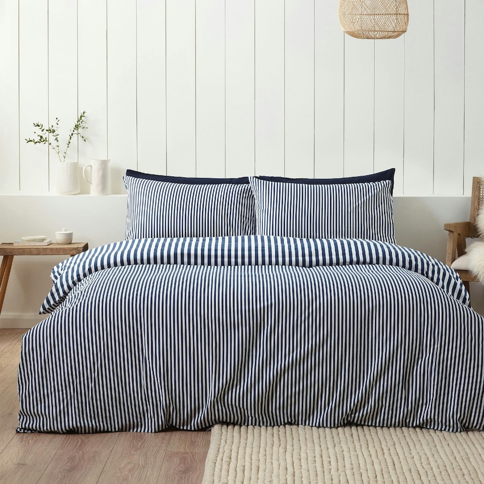 image 1 of Catherine Lansfield Brushed Stripe Cotton Reversible Duvet Cover Set