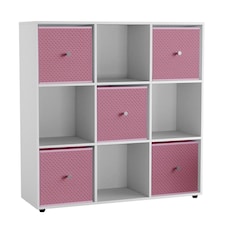 9 Cube Wooden Bookcase Shelving Unit with 5 Collapsible Fabric Drawers | Multi | White & Pastel Pink | 1