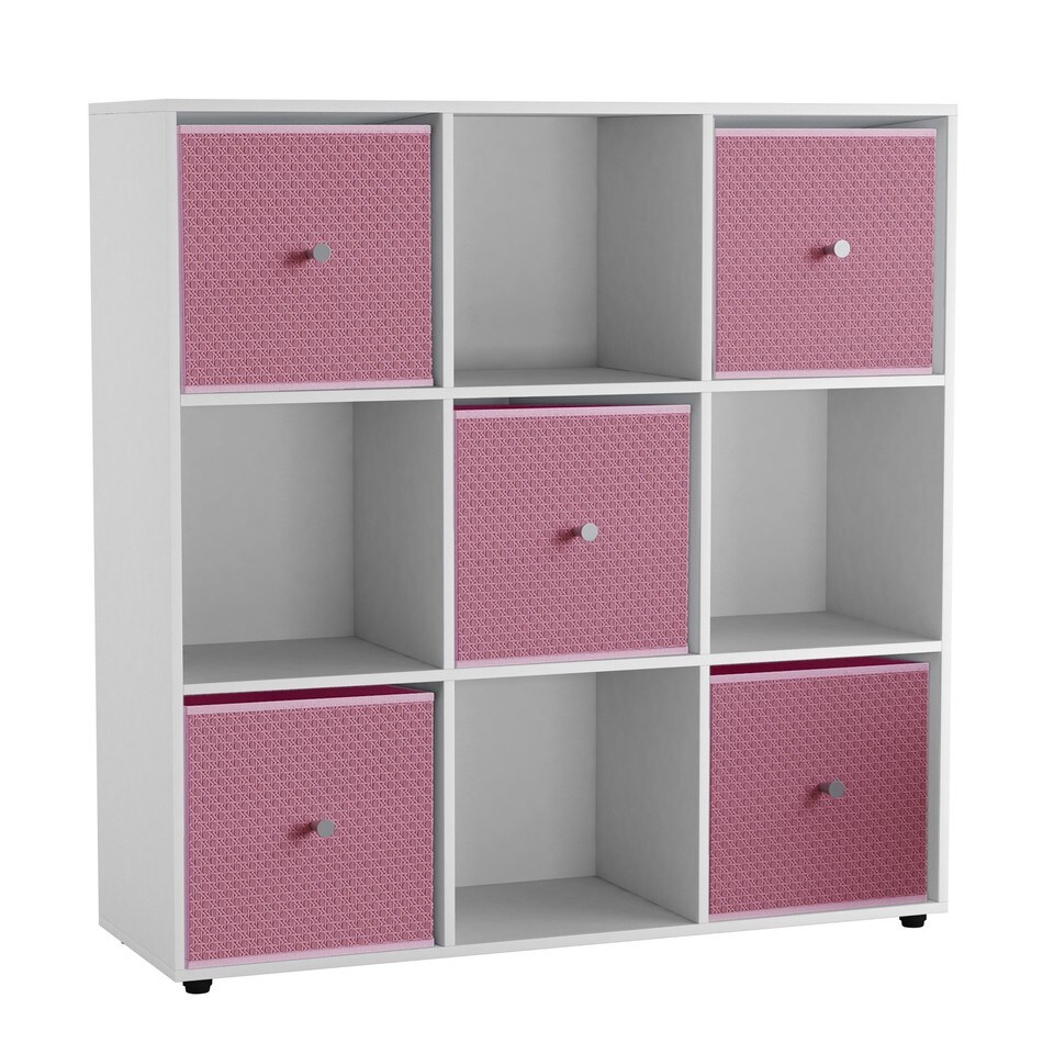 image 1 of 9 Cube Wooden Bookcase Shelving Unit with 5 Collapsible Fabric Drawers | Multi | White & Pastel Pink | 1