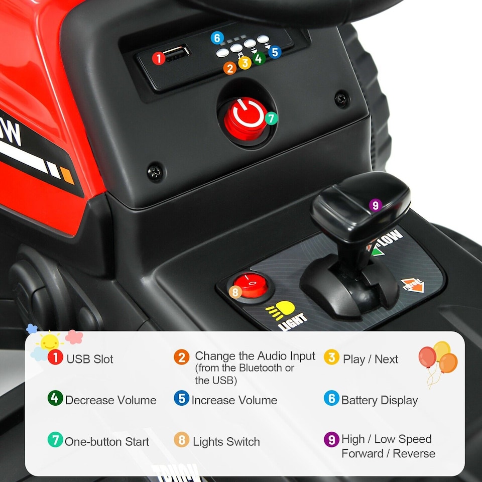 image 1 of COSTWAY 12V Kids Ride On Tractor with Trailer Music Red