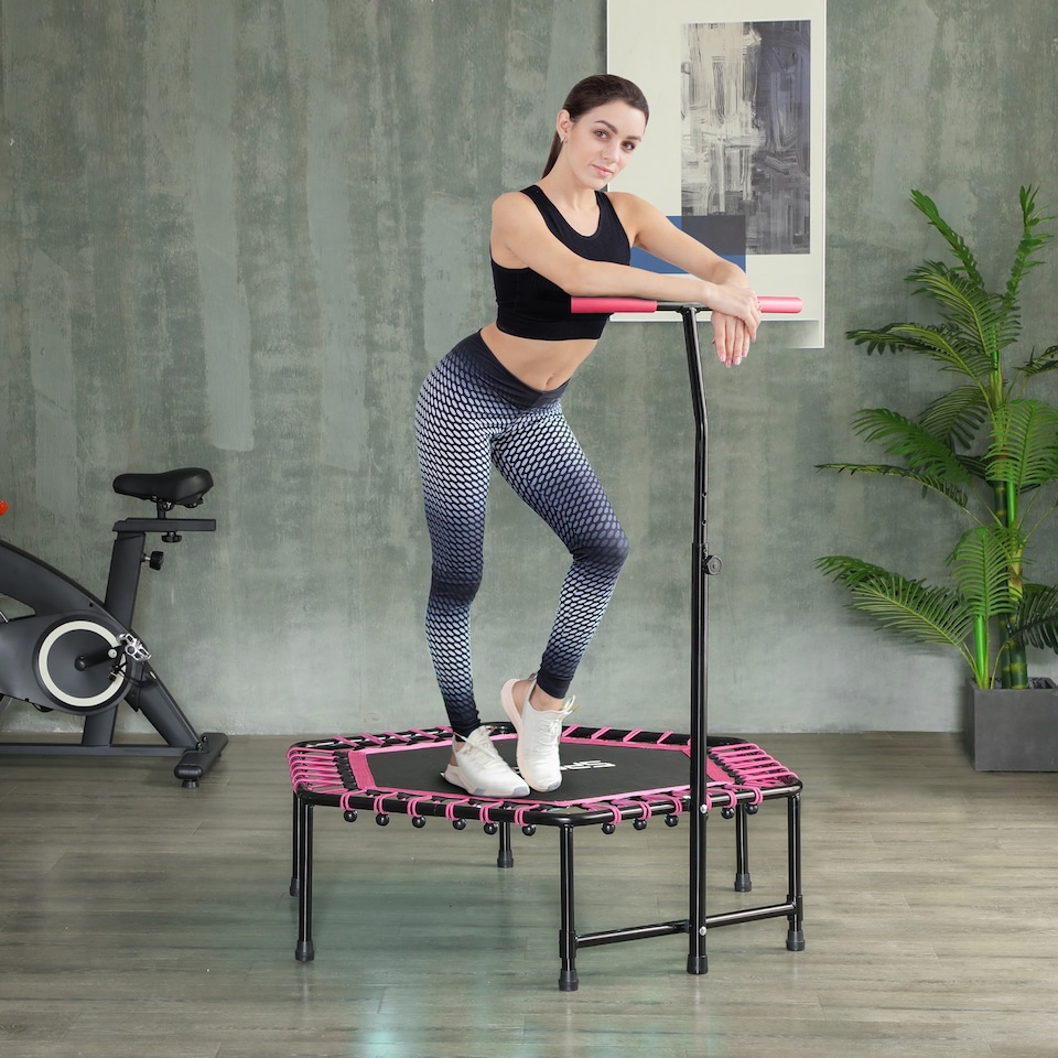 image 1 of SPORTNOW Fitness Trampoline with Adjustable Handle, LED Lights, Pink