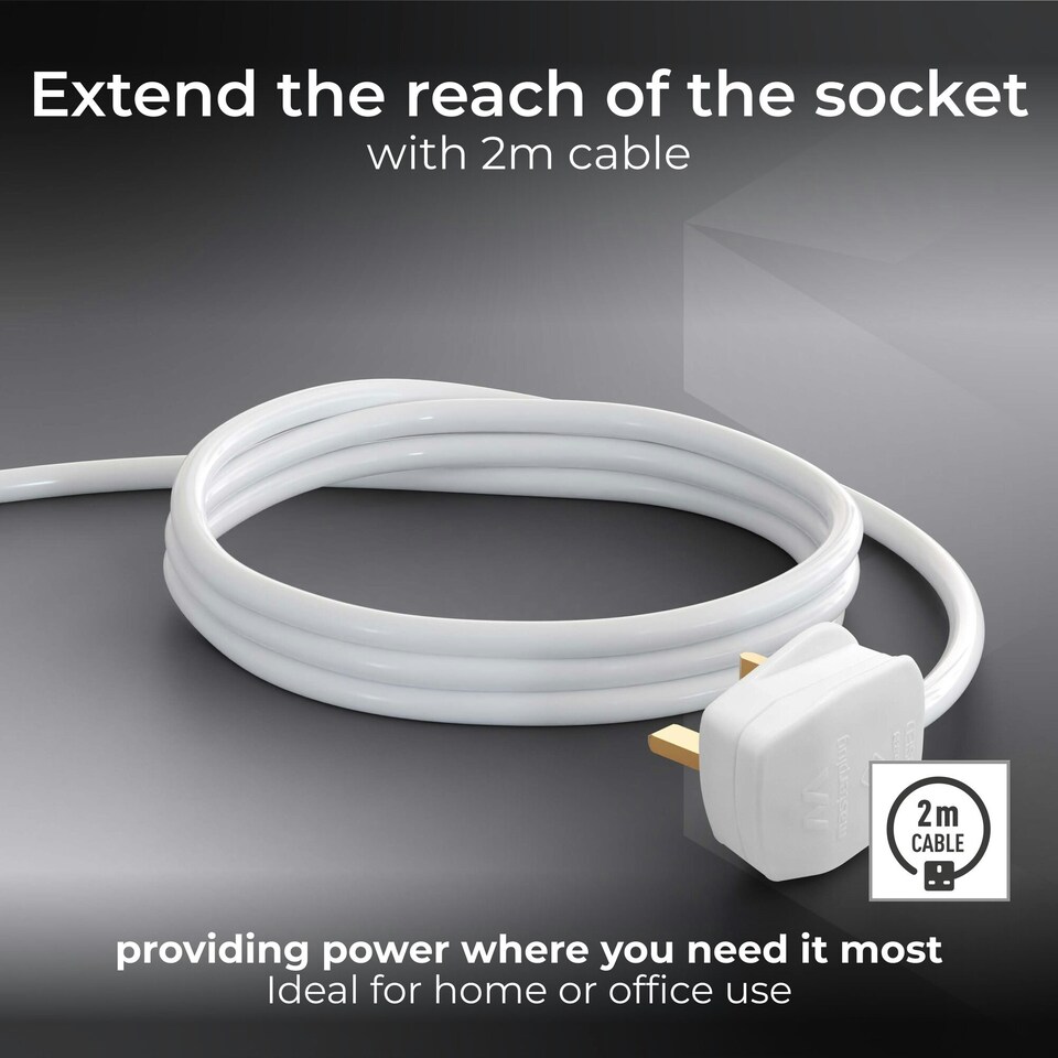 image 1 of Masterplug 4 Socket Extension Lead with 2m Cable, Wall-Fixing, White