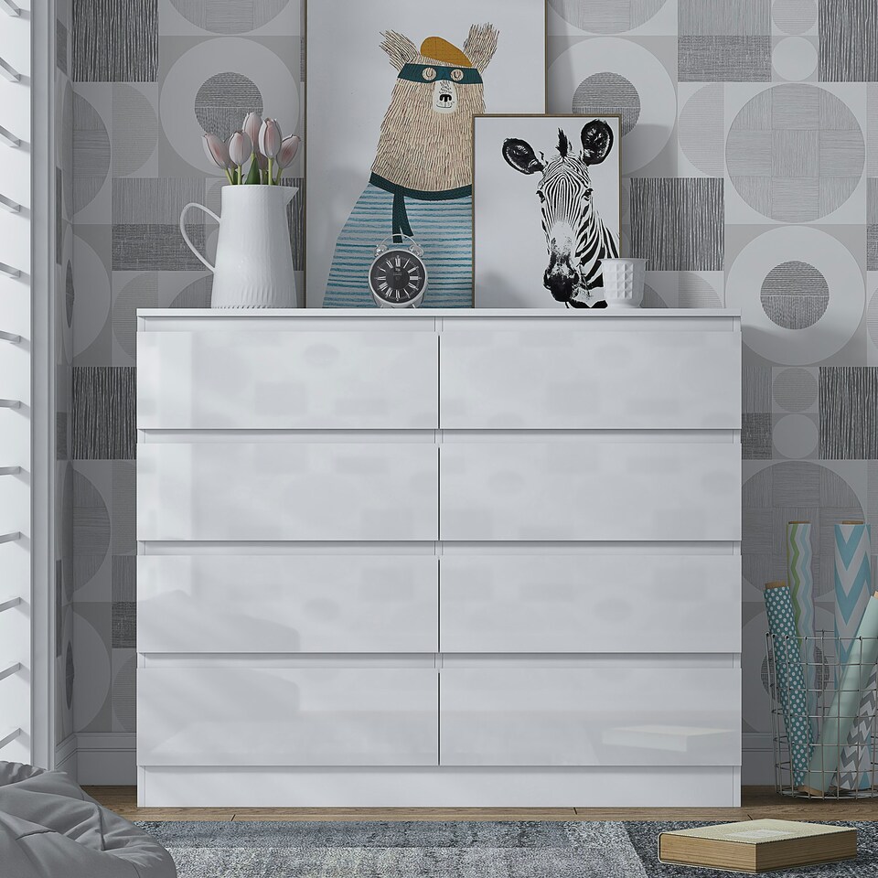 image 1 of FWStyle Stora 8 Drawer Wide 4+4 Chest Of Drawers - White Gloss Front